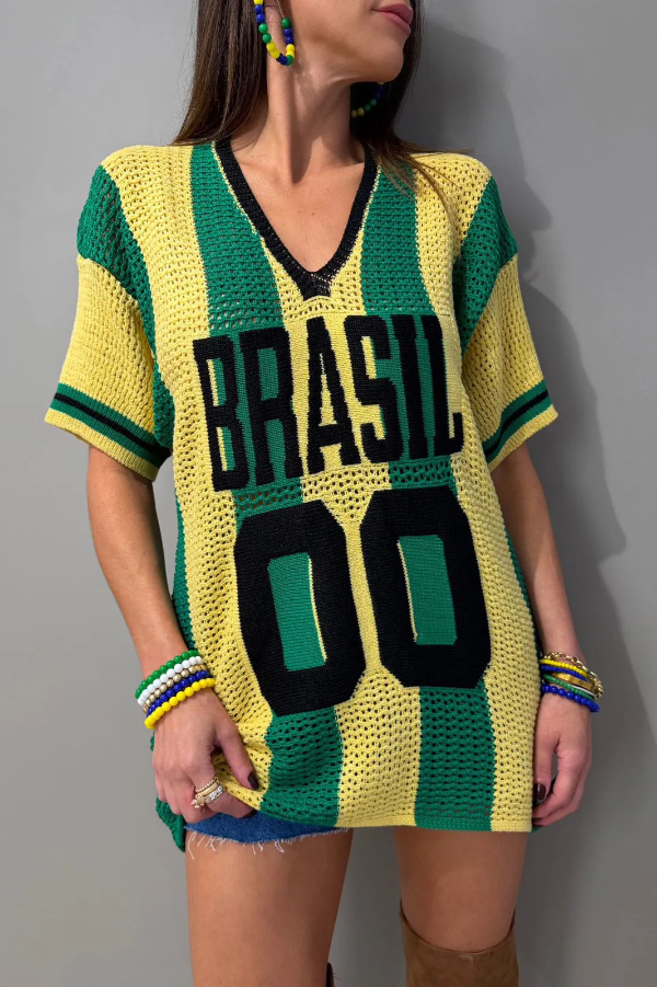 World Cup Letter Jacquard Loose V-neck Short-sleeved Knit Top