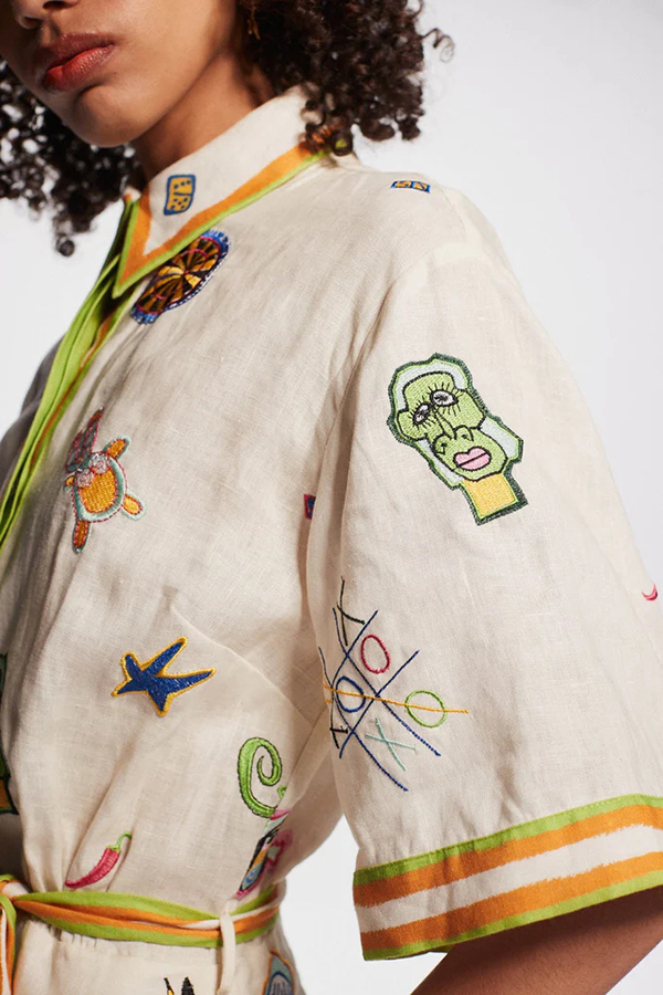 Britt Linen Blend Unique Printed Short Sleeved Pocket Tie Waist Mini Dress-consonak