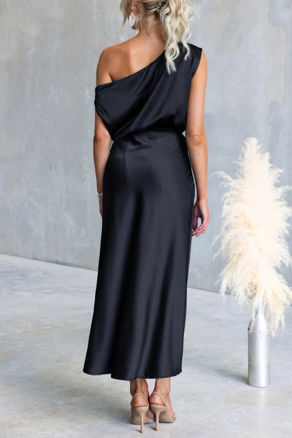 Solid Color One-shoulder Sleeveless Belted Casual Maxi Dress-consonak