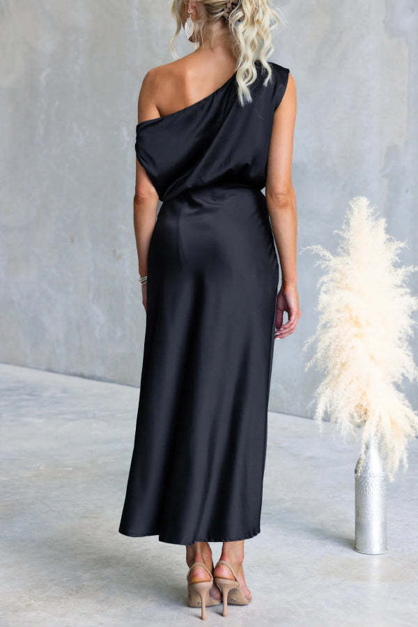 Solid Color One-shoulder Sleeveless Belted Casual Maxi Dress