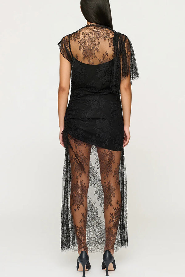 Romantic Statement Lace One Shoulder Bell Sleeve Asymmetrical Maxi Dress-consonak