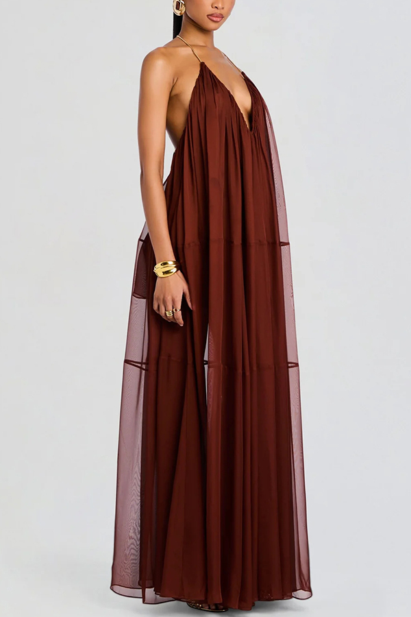 Flowing Lightweight Chiffon Chain Halter Neck Detail Backless A-line Maxi Dress-consonak