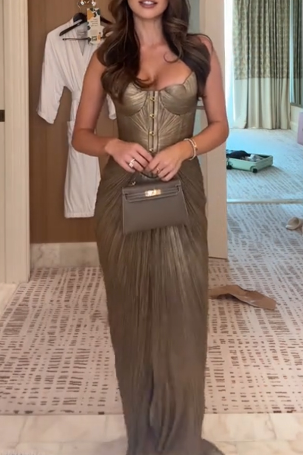 Vegas Queen Metallic Pleated Sculpted Bodice Back Lace-up Drape Maxi Dress | Consonak