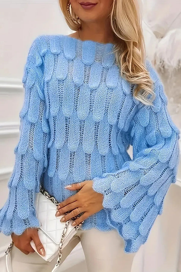 Elegant Feather Hollow Loose Bell Sleeve Knitted Sweater-consonak