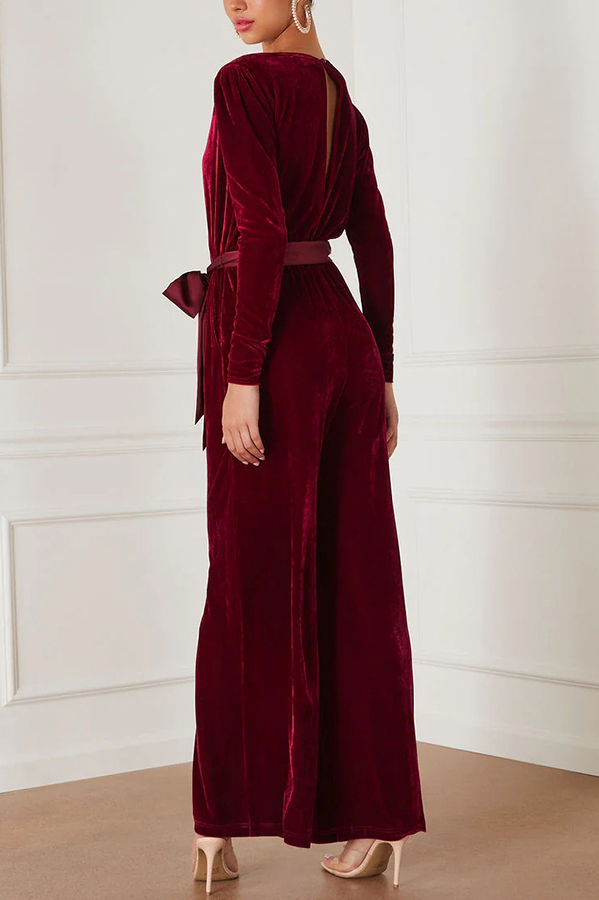 Love One Another Velvet Bow Belted Pocket Cutout Back Loose Jumpsuit-consonak