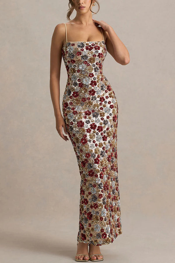The Center of Attention Floral Print Sequin Square Neck Slip Stretch Maxi Dress-consonak