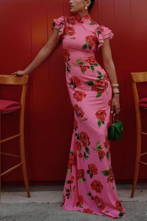 Elegant party cheongsam style rose print layered flared sleeve elastic long skirt | Consonak