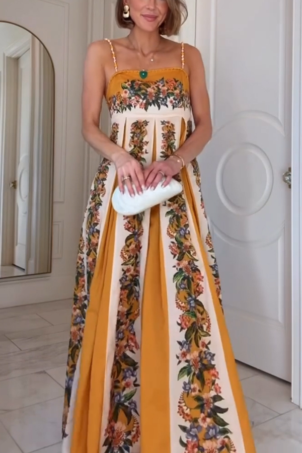 Bloom Bright Linen Blend Floral Print Beaded Shoulder Straps Pocket Maxi Dress-consonak