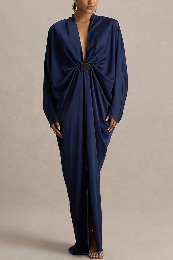 Tina Satin Plunge V-neck Gold Trim Detail Long Batwing Sleeve Maxi Dress | Consonak