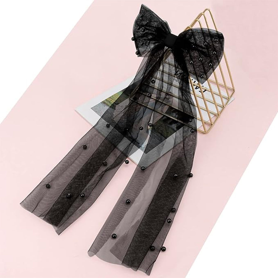 Mesh Ribbon Pearl Bow Hairpin-consonak