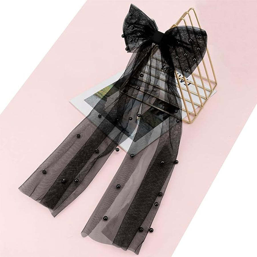 Mesh Ribbon Pearl Bow Hairpin-consonak