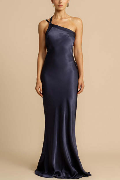 Moonlit Soiree Satin Asymmetrical One Shoulder Backless Strap Maxi Dress-consonak