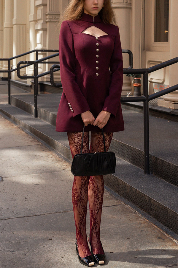 Elegant Long-sleeved Hollowed-out Button-down Slim-fit Mini Dress-consonak