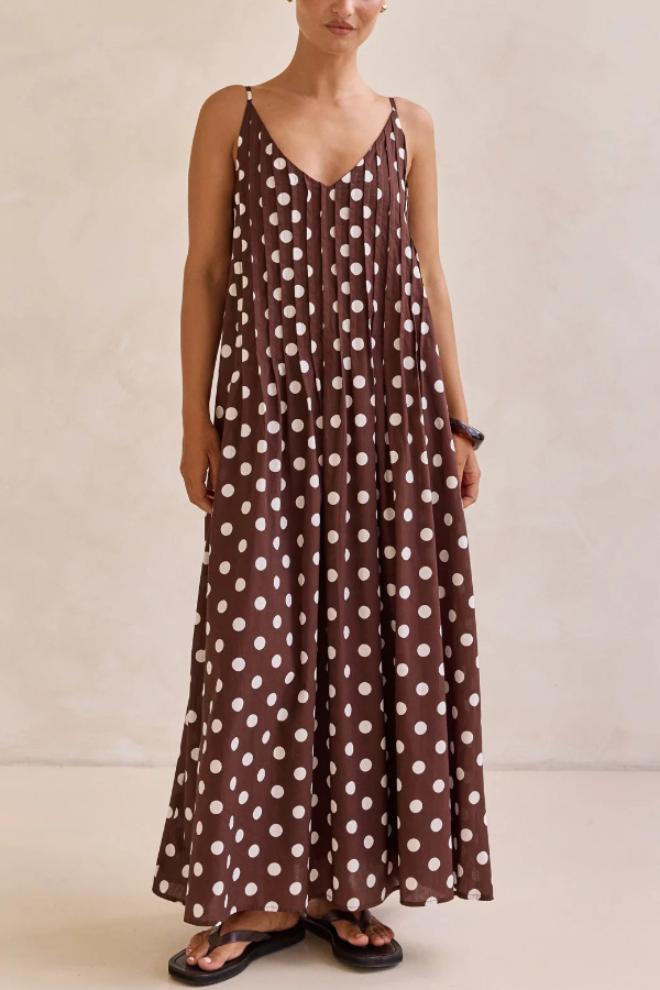 Polka Dot Print V-neck Pleated Casual Vacation Maxi Dress-consonak