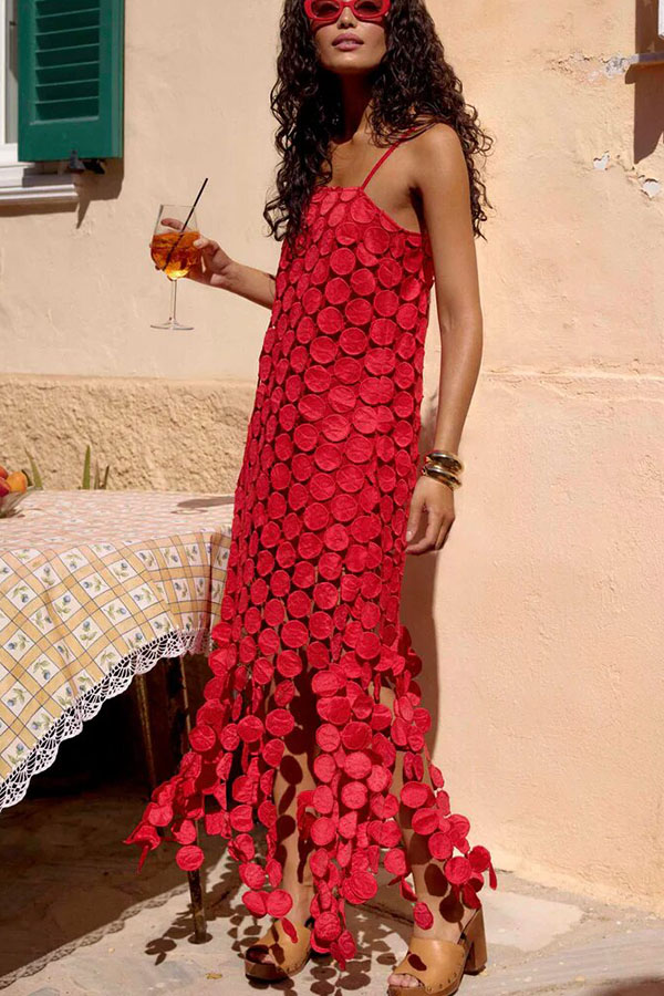 Juju Embroidered Cutout Polka Dots Square Neck Tassel Hem Slip Maxi Dress | Consonak