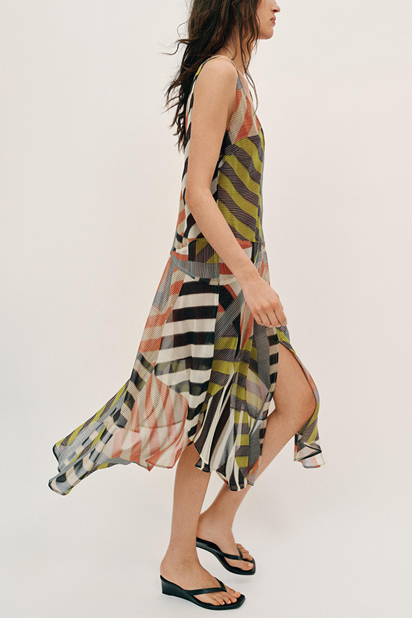 Khloe Patchwork Striped Color Block Print Wide Straps Asymmetric Hem Drape Midi Dress-consonak