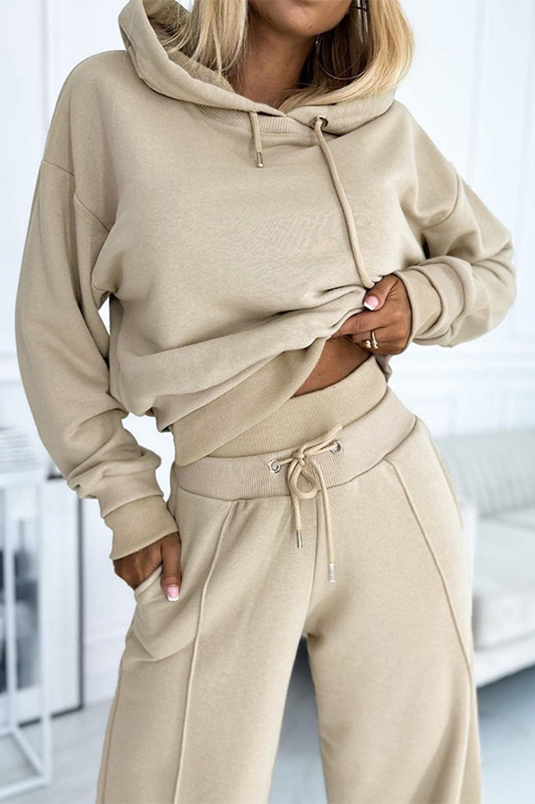Stylish Patchwork Hooded Sweatshirt and Elastic Waist Tie Pocket Wide Leg Pants Set-consonak