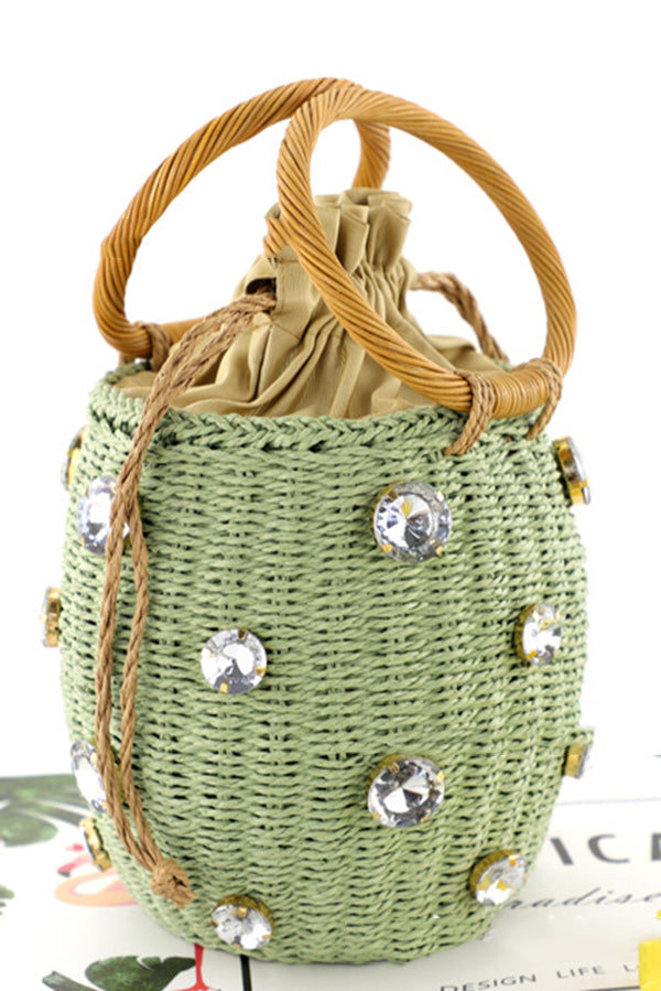 Fashionable Imitation Rhinestone Embellished Casual Barrel Rattan Bag-consonak