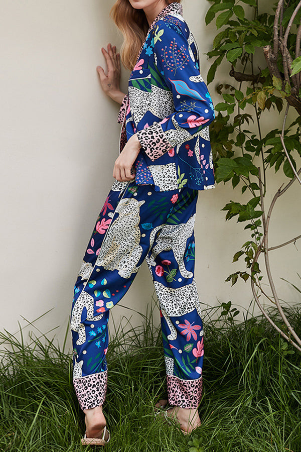 Blue Snow Leopard Printed Home Long Sleeve Two Piece Set | Consonak