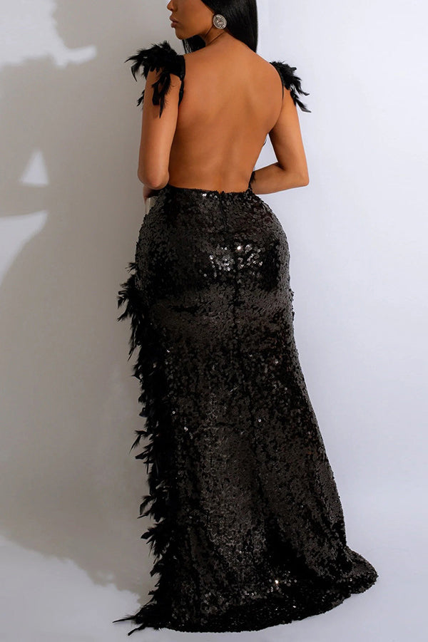 Sexy Feather Sequin Backless Fit Asymmetrical Maxi Dress-consonak