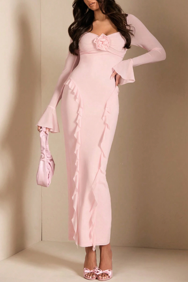 Solid Color Long-sleeved Ruffled Slim-fit Maxi Dress-consonak