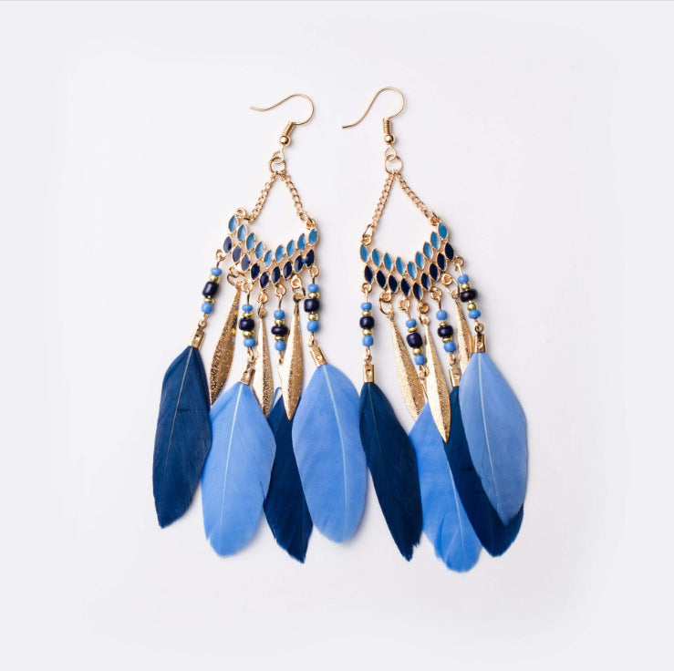 Vintage chain tassel bohemian feather earrings-consonak