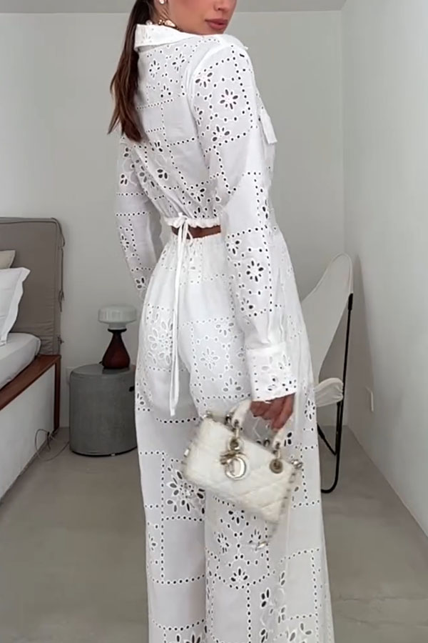 Vivi Embroidered Lace Cutout Long Sleeve Pocket Elastic Waist Loose Shirt Jumpsuit