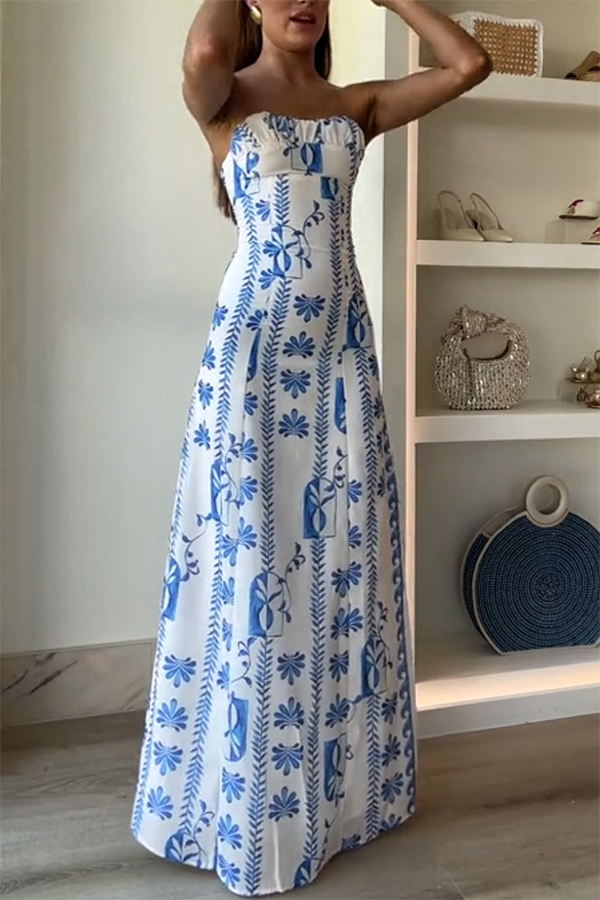 Freya Linen Blend Floral Wave Print Ruched Bust Strapless Maxi Dress | Consonak