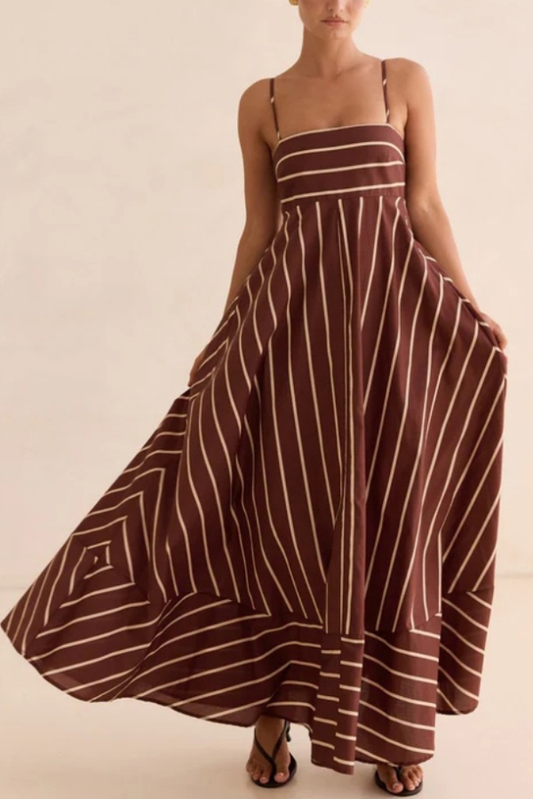 Striped Print Square Neck Spaghetti Strap High Waist Casual Maxi Dress-consonak
