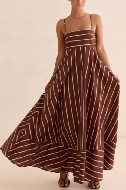 Striped Print Square Neck Spaghetti Strap High Waist Casual Maxi Dress