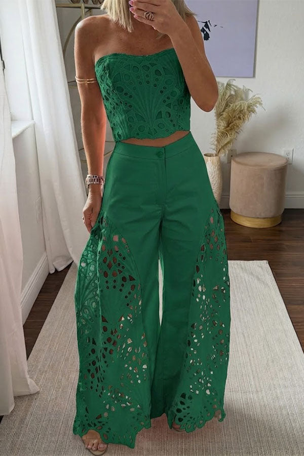 Sienna Embroidered Cut-Out Palazzo Pants Two-Piece Set-Consonak