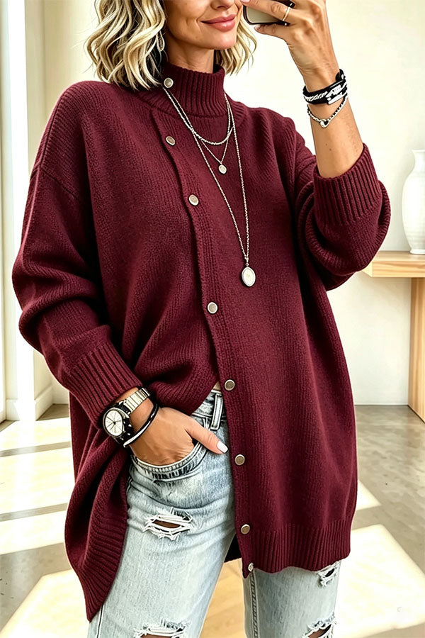 Warm Season Knit Turtleneck Button-down Long Sleeve Loose Sweater-Consonak