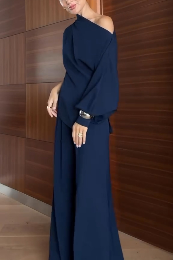 Cleo One Shoulder Irregular Balloon Sleeve Top and High Rise Pleated Button Waist Pocket Loose Pants Set