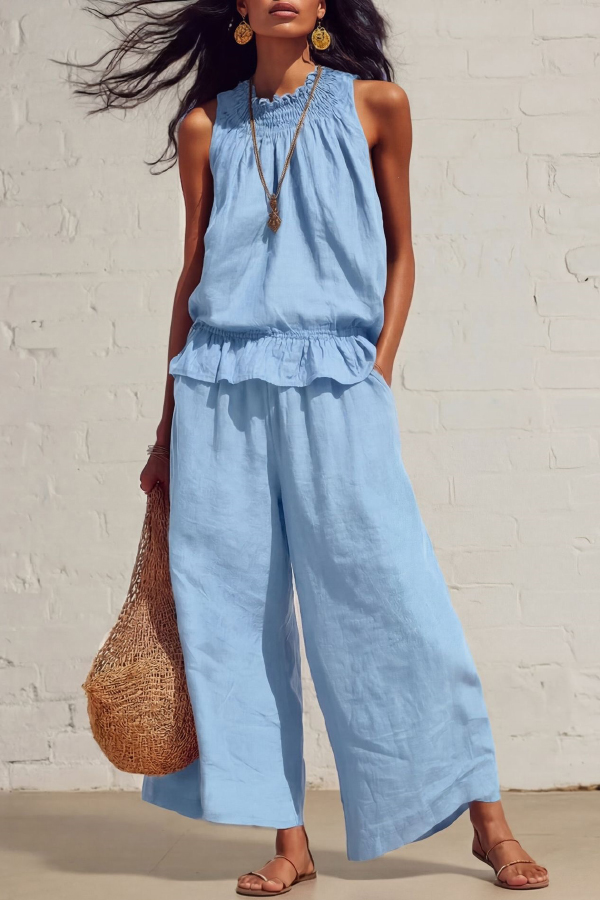 Linen Blend Round Neck Sleeveless Ruffled Top and Elastic Waist Casual Pocket Wide-leg Pants Set-Consonak