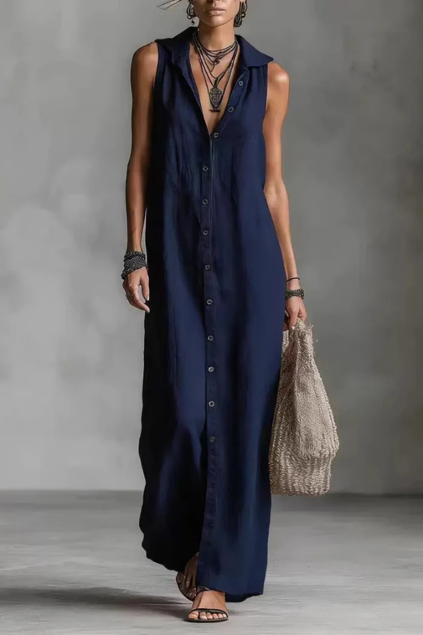 Linen Blend Solid Color Loose Single-breasted Sleeveless Casual Maxi Dress