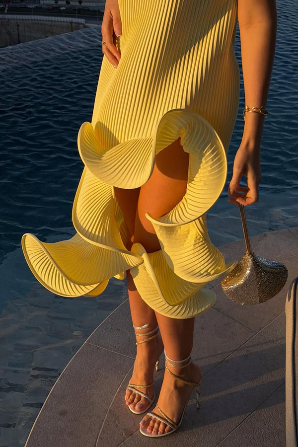 Butter Summer Pleated  Sleeveless Waist Tie Irregular Ruffle Dimensional Hem Midi Dress-consonak