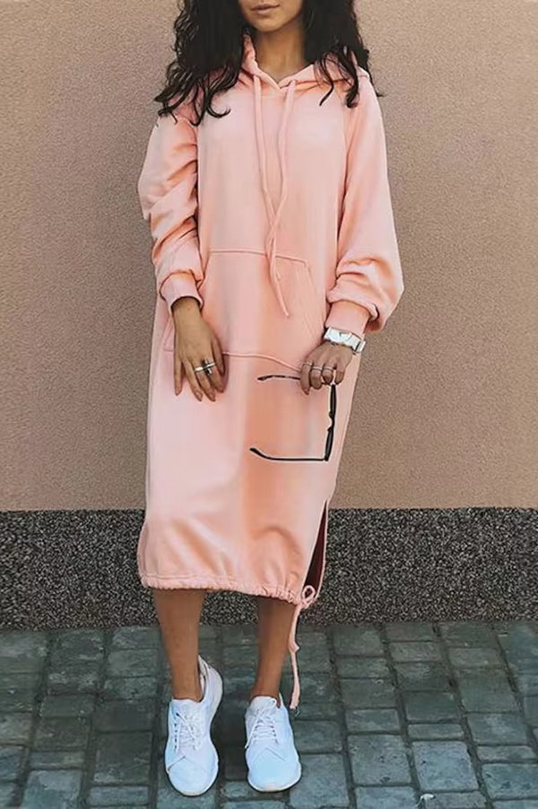 Solid Color Casual Hooded Lace-up Pocket Sweatshirt Style Midi Dress-consonak