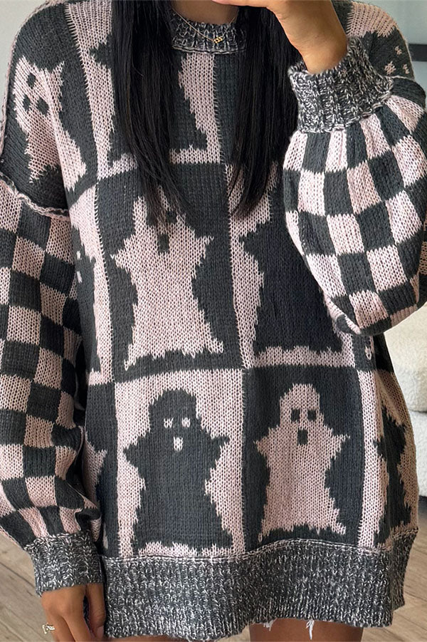 Halloween Ghost & Checkerboard Oversized Knit Sweater-Consonak