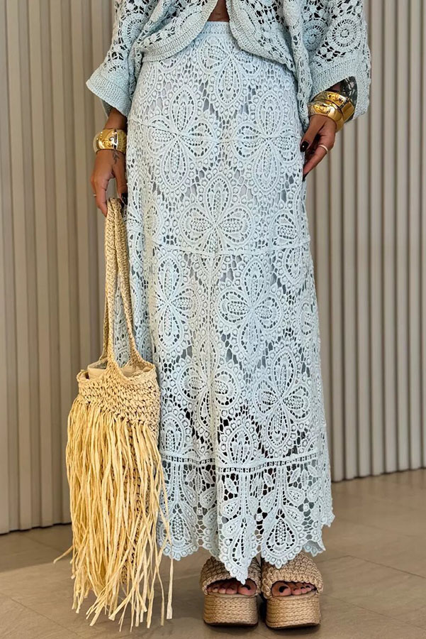 Anina Knit Crochet Cutout High Rise Elastic Waist Maxi Skirt