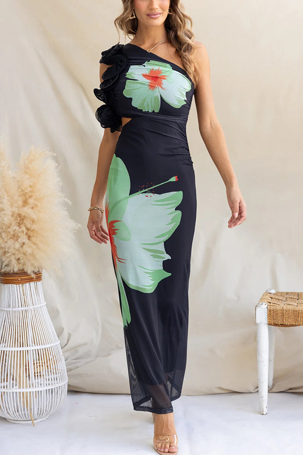 Floral Print One-shoulder Fitted Mesh Maxi Dress-consonak