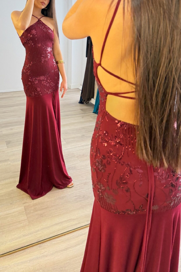 Fashionable Sequined Halter Neck Elegant Slim-fit Slit Maxi Dress-consonak
