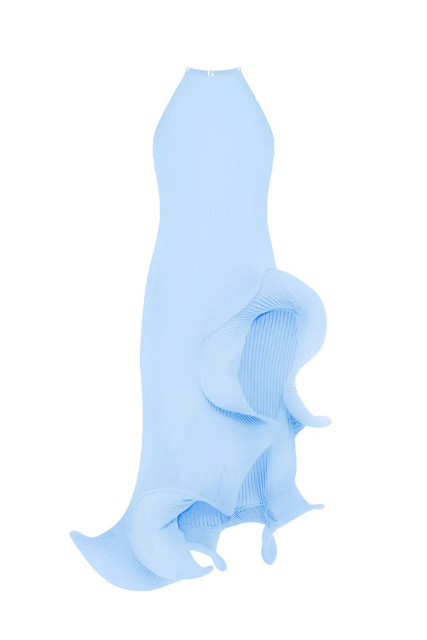 Solid Color Sleeveless Waist Tie Irregular Ruffle Slim Midi Dress-consonak