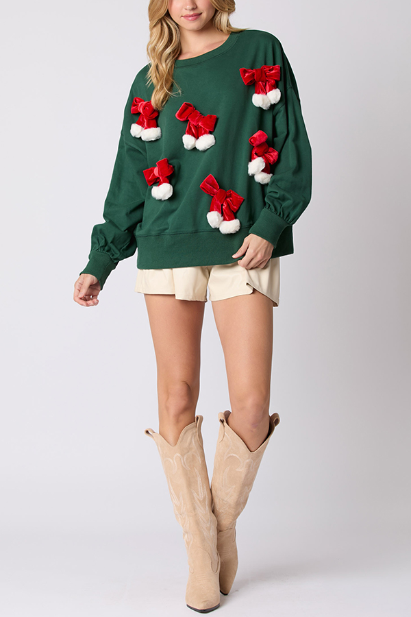 Christmas Bow Embellished Casual Long-sleeved Sweatshirt-consonak
