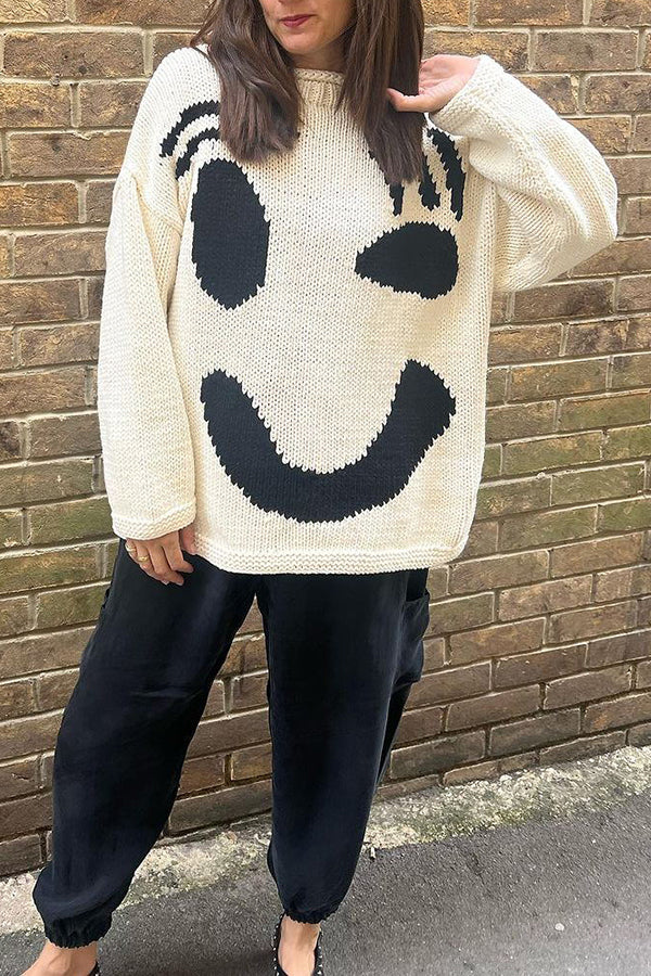 Feel Good Knit Colorful Smiley Face Loose Pullover Sweater-consonak