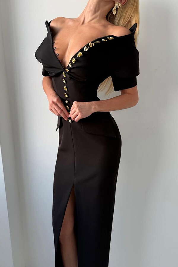 Kathy Unique Metal Pattern Buttons High Neck Short Sleeve Pencil Slit Midi Dress