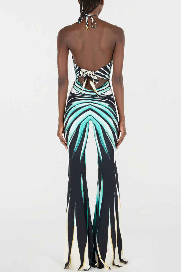 Unique Striped Print Halter Neck Cutout Tie-up Casual Flared Jumpsuit-consonak