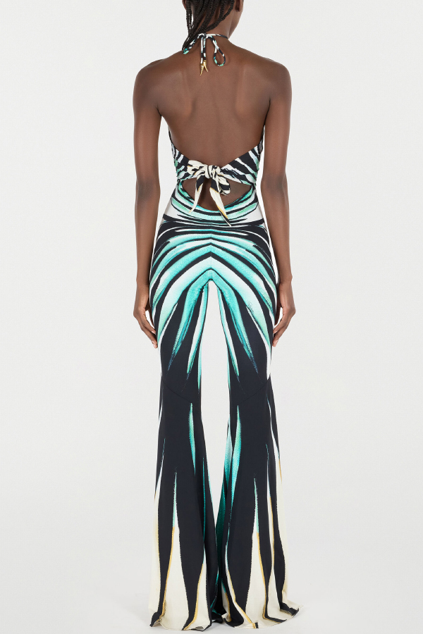 Unique Striped Print Halter Neck Cutout Tie-up Casual Flared Jumpsuit-consonak