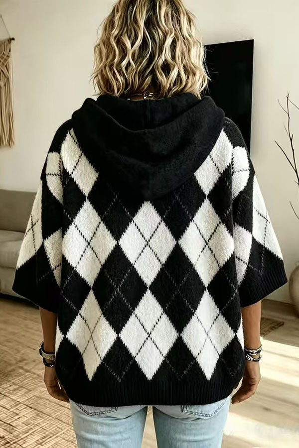 Comfortable and Casual Knit Color-blocked Plaid Print Half Sleeve Hoodie Sweater-Consonak