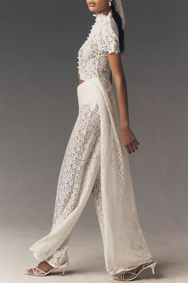 Elegance Avant-garde Floral Lace Short Sleeve High Low Top and High Rise Wide Leg Pants Set-consonak