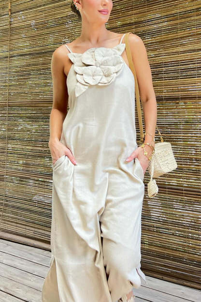 Vacay Ready Linen Blend Floral Embellishment Pocketed Slit Maxi Dress-consonak